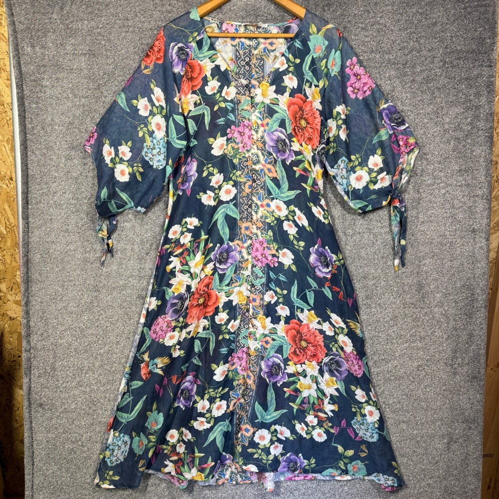 Johnny Was California Dress Floral Midi XS Boho V-Neck Button Front Tie Sleeve